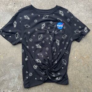 NASA space print black and white graphic tee with front tie knot detail size L